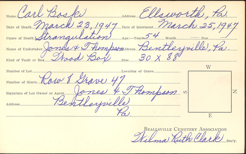 Carl Boski burial card